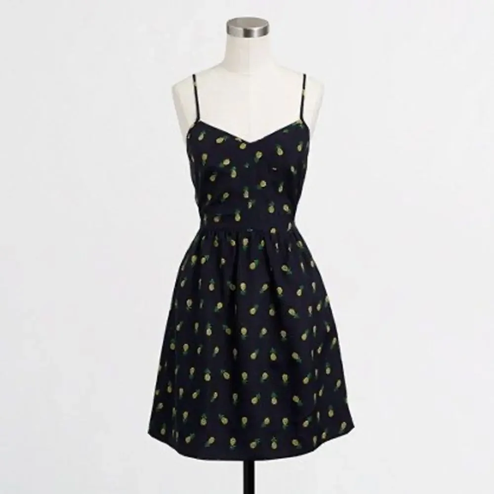 J. Crew Pineapple Print SpageStraos Satin Dress Size 00 Black Gold - Picture 10 of 10